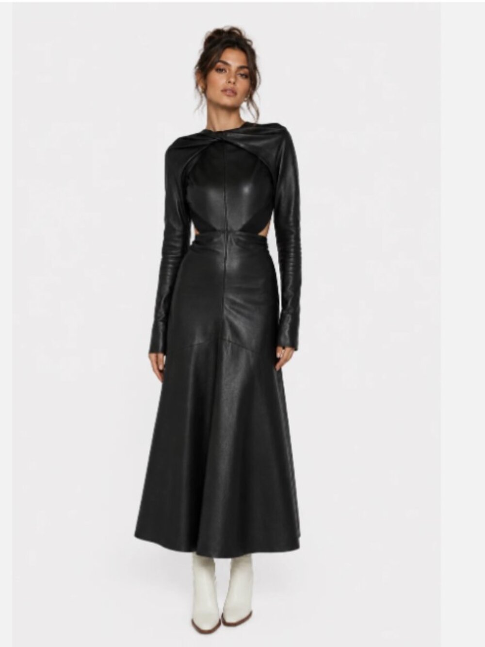 VICTORIA BECKHAM Black Leather Twist Neck Open Back Midi Dress 4US 8UK 36F 40IT